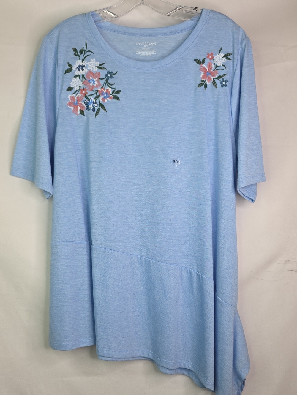 Lane Bryant Size 18 20 Floral Embroidered Top Heathered Light Blue Short Sleeve